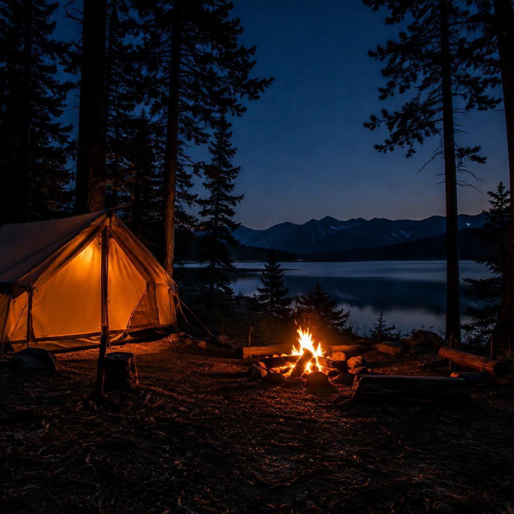 Lit canvas tent and campfire beside a lake at dusk