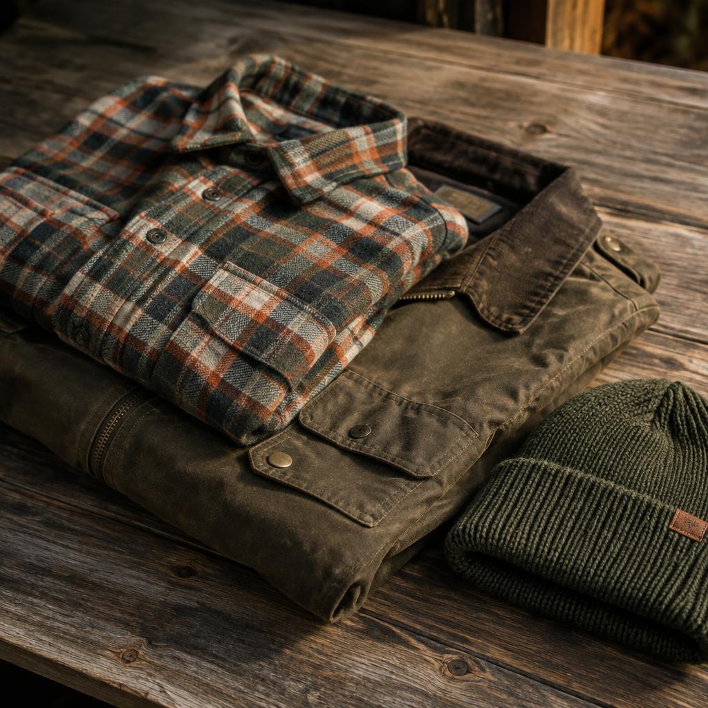 Flannel shirt, waxed jacket and beanie on a wooden table