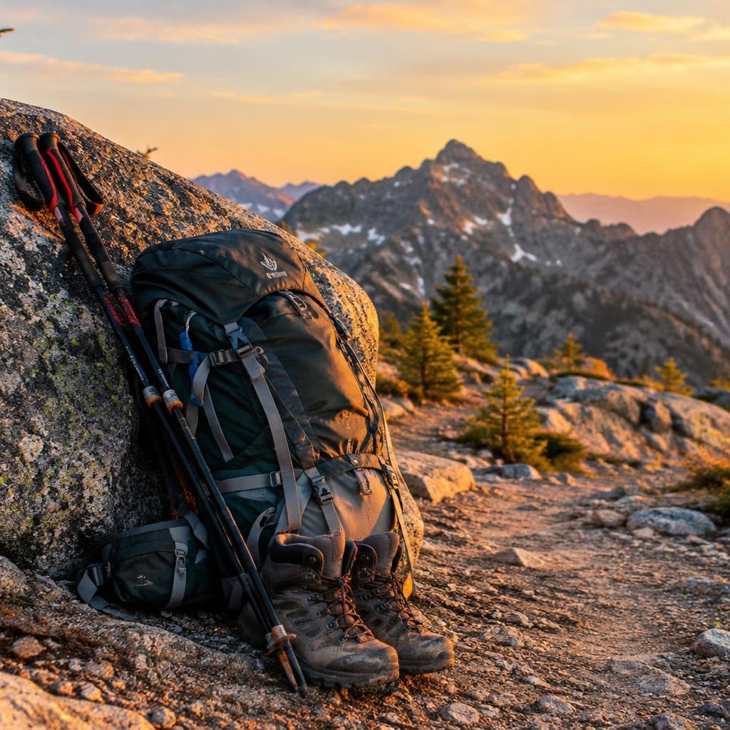 Backpack, trekking poles and boots on a mountain trail